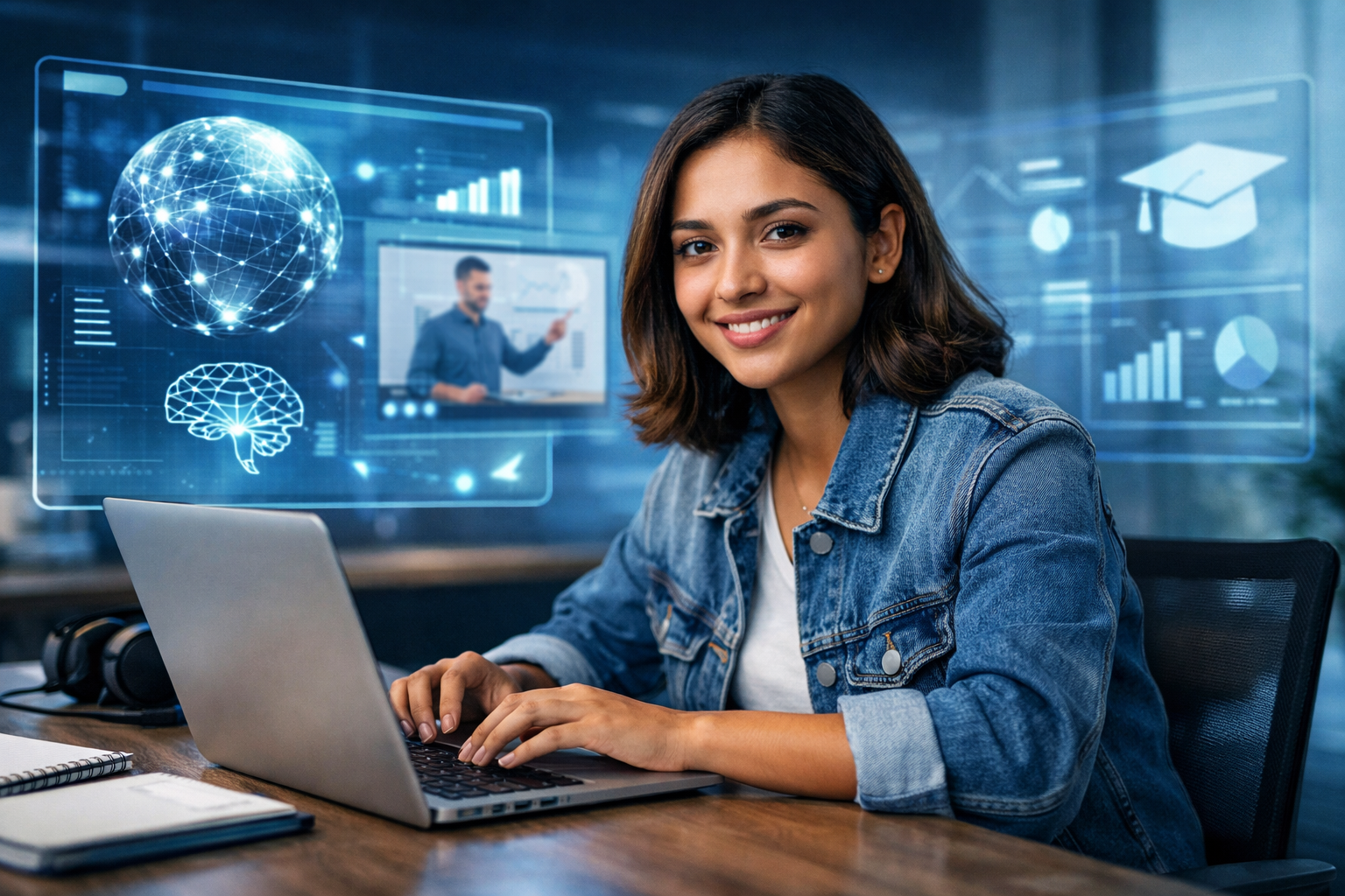 Interactive educational technology with digital data analysis, graphs, and online learning concepts.