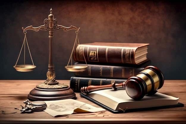 Detailed image of legal books, a gavel, scales of justice, and law-related items symbolizing legal education and justice system.